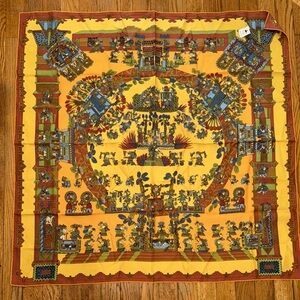 HERMES 1994 "Astres et Soleils" by Annie Faivre Yellow Silk Twill Scarf vintage